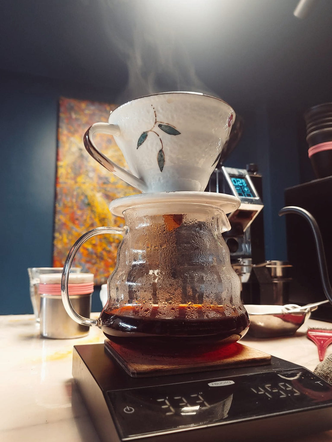 Brew scale with mug, dose card beside.