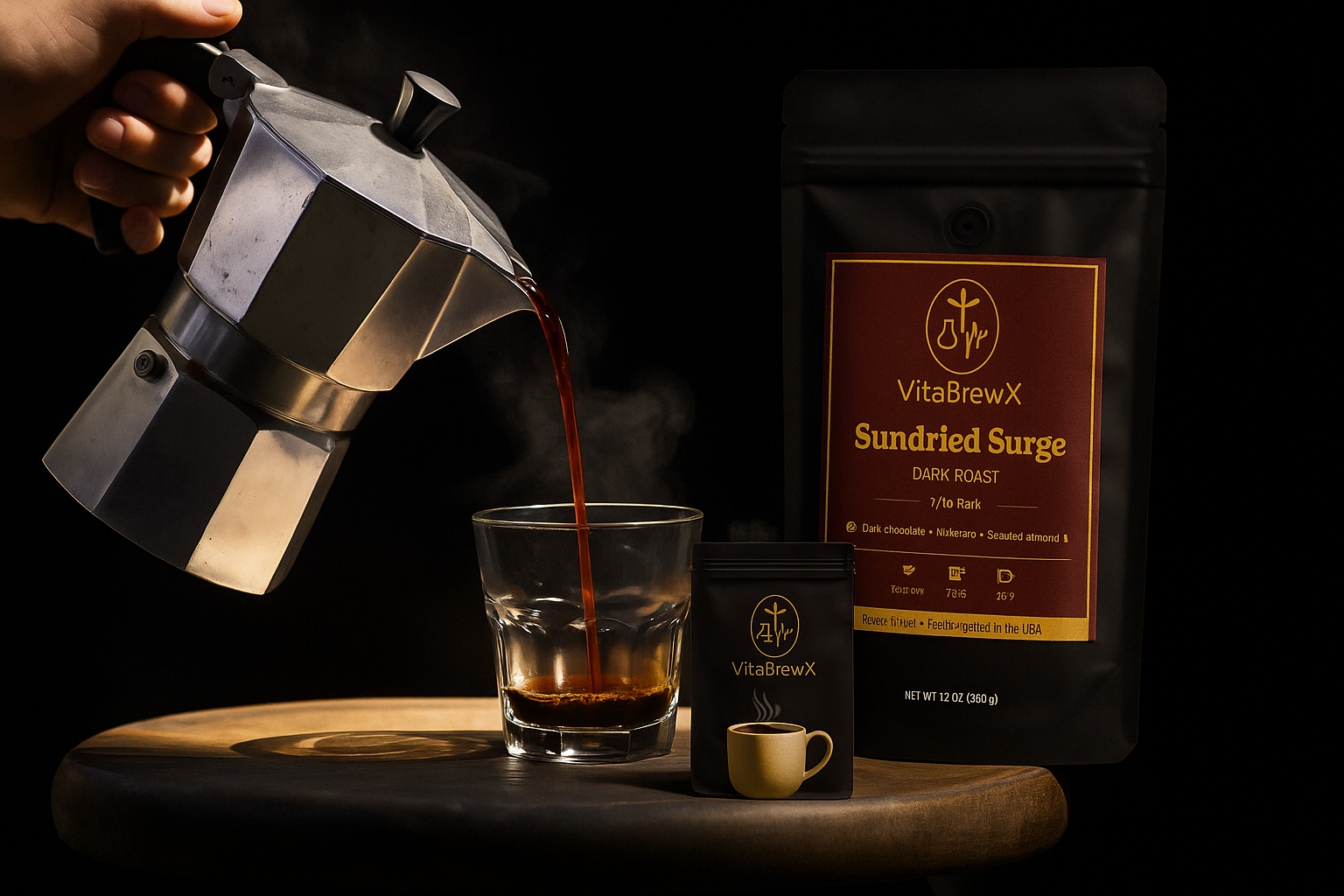 VitaBrewX coffee bag beside phin brewer with dose table card