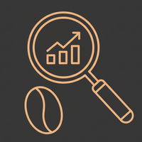 Icon representing Radical Transparency: a magnifying glass over a coffee bean with a data chart.